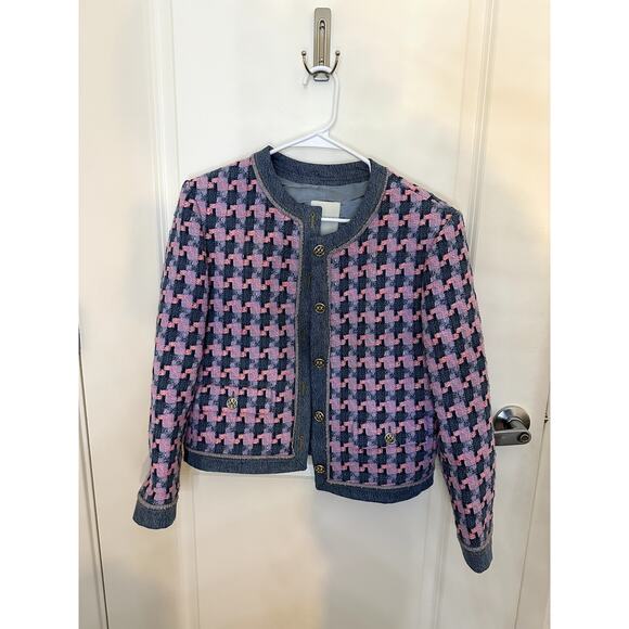 Sandro Multicolor Plaid Tweed Jacket with Denim Trim – Fits Like S/M - Picture 2 of 6